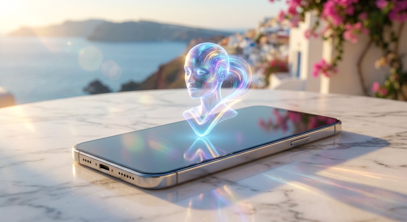 Un smartphone plateado sobre una mesa de mármol blanco, proyectando una figura holográfica de una cabeza humana con luces de colores vibrantes y una marca de verificación brillante. Al fondo, se ve un paisaje costero soleado con el mar, acantilados y edificios blancos decorados con flores rosas.