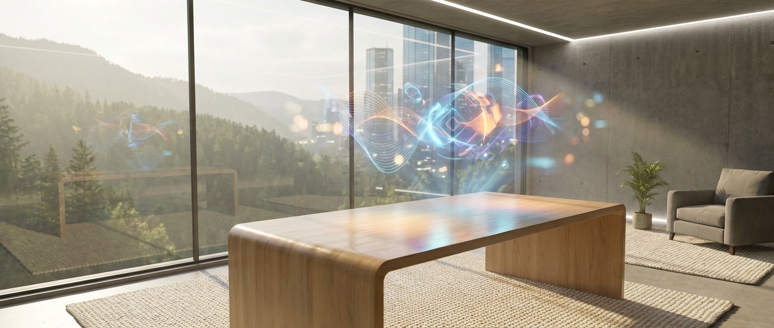 Sala moderna con grandes ventanales, una mesa de madera clara, butaca gris, planta y dos alfombras. A través del cristal se observa una proyección holográfica de ondas y formas abstractas de colores, con un paisaje de montañas y ciudad al fondo.