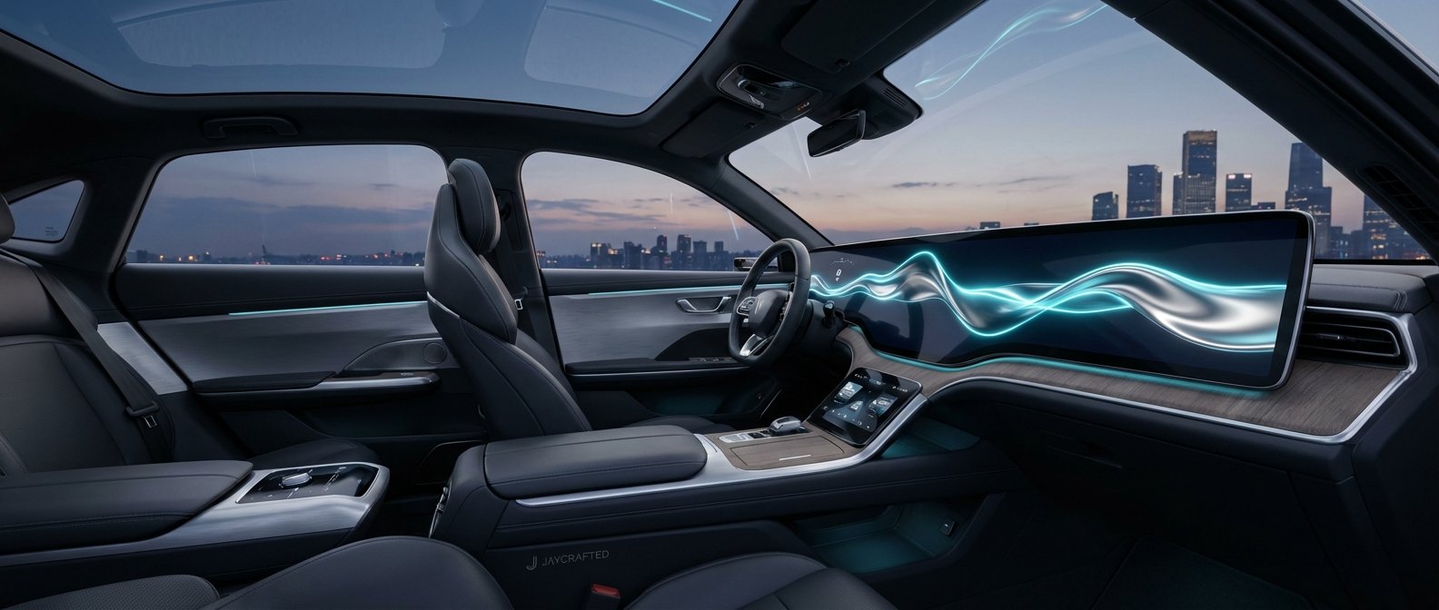 Interior de un coche moderno con un amplio techo de cristal, una gran pantalla digital curva mostrando ondas de luz azules, asientos de cuero oscuro, acabados de madera y luz ambiental. A través de las ventanas se observa un paisaje urbano al atardecer.
