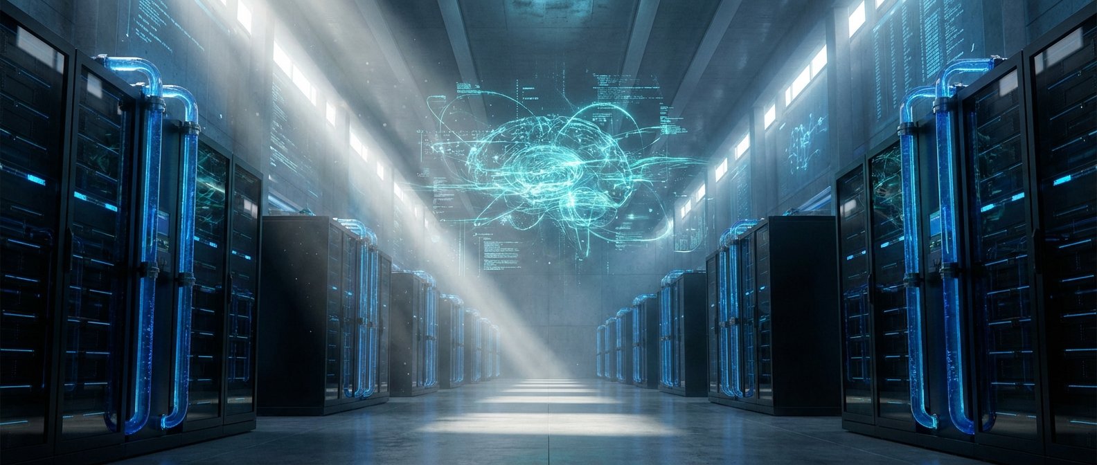 Centro de datos futurista con filas de servidores equipados con tubos de refrigeración líquida azul brillante y una proyección holográfica de datos complejos flotando en el pasillo central iluminado.