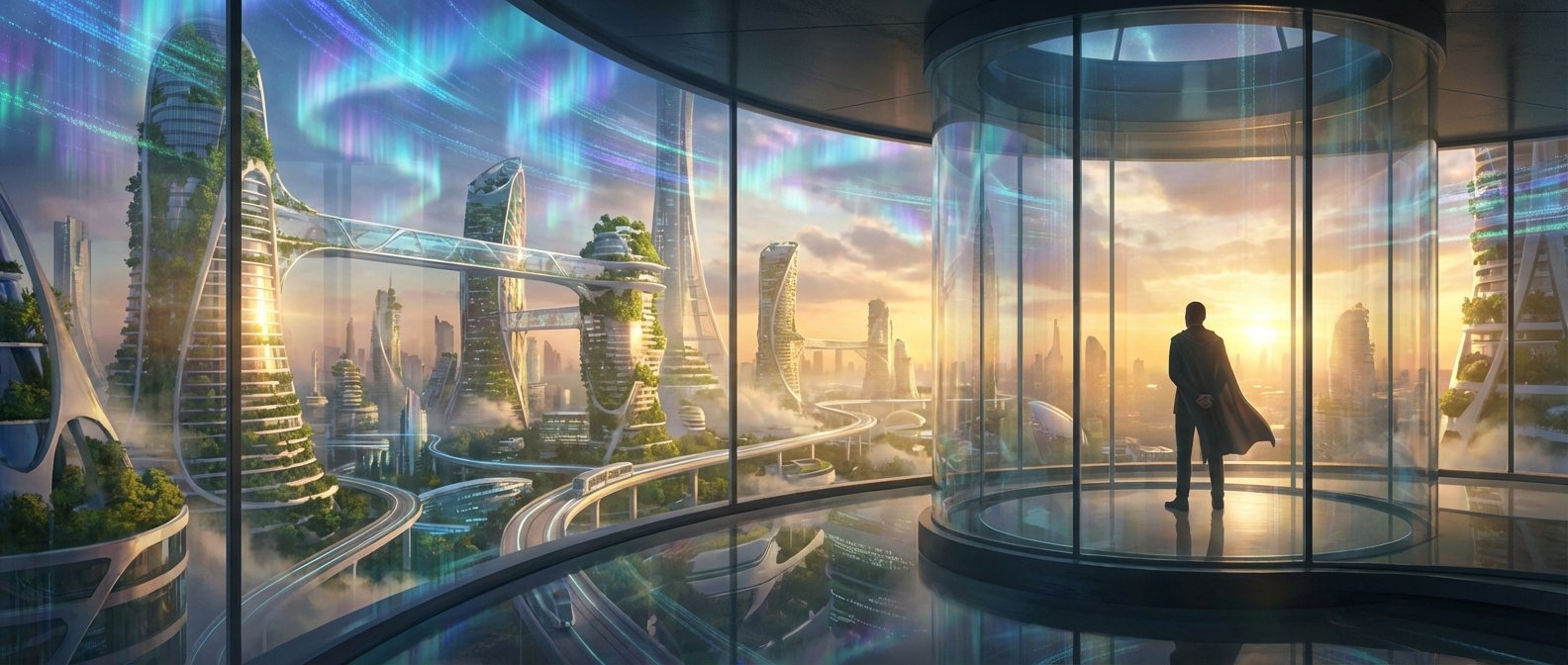 Un hombre con una capa observa desde un ventanal de cristal una ciudad futurista al amanecer, con rascacielos adornados con vegetación, carreteras elevadas y un tren, y un cielo iluminado con luces de aurora boreal.