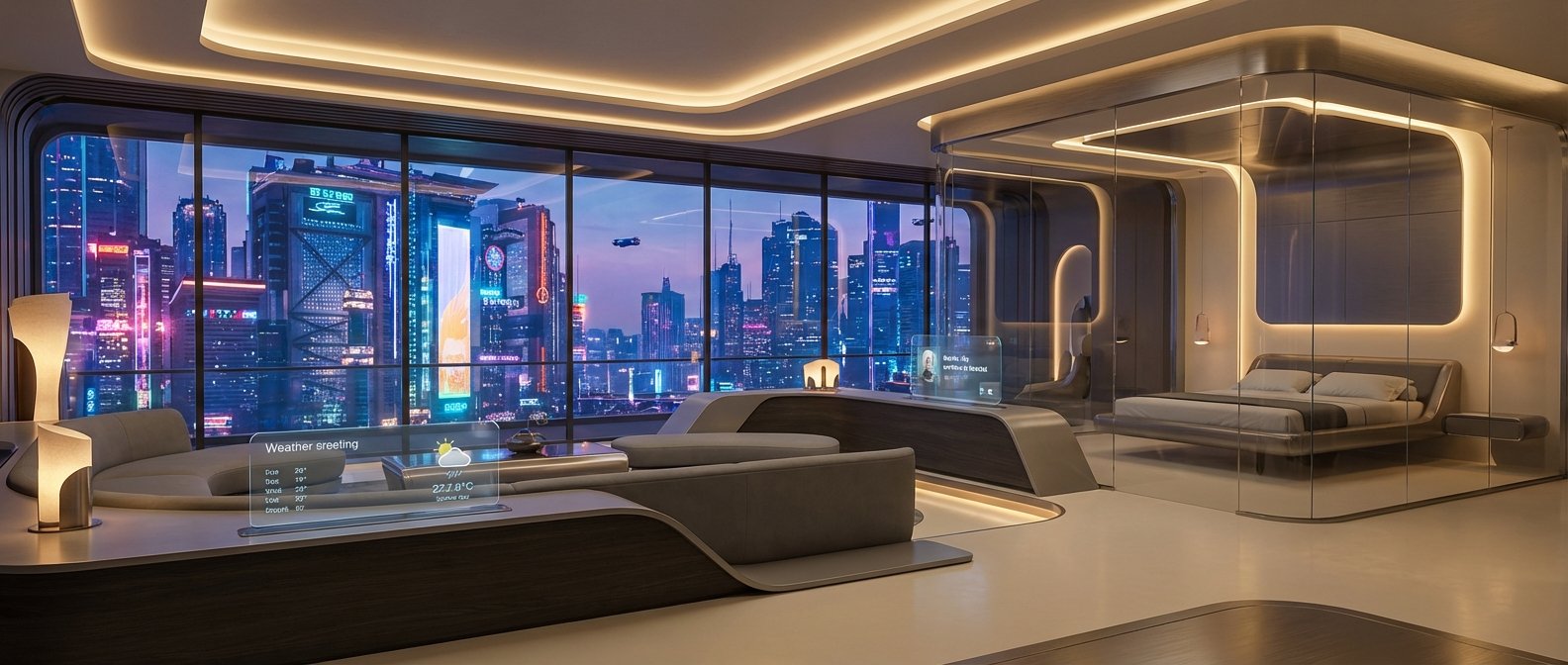 Interior de un apartamento futurista de lujo con grandes ventanales que ofrecen vistas a una vibrante ciudad cibernética nocturna. El salón cuenta con un sofá curvo y una mesa de centro con pantalla holográfica que muestra el clima. A la derecha, un dormitorio con cama moderna separado por cristal. Se observa un vehículo volador en el cielo urbano.