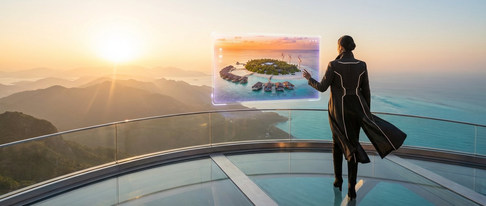 Una mujer de espaldas en una terraza de cristal interactúa con una pantalla holográfica que muestra un resort de lujo en una isla con cabañas sobre el agua y turbinas eólicas, mientras contempla un atardecer sobre montañas y el océano.