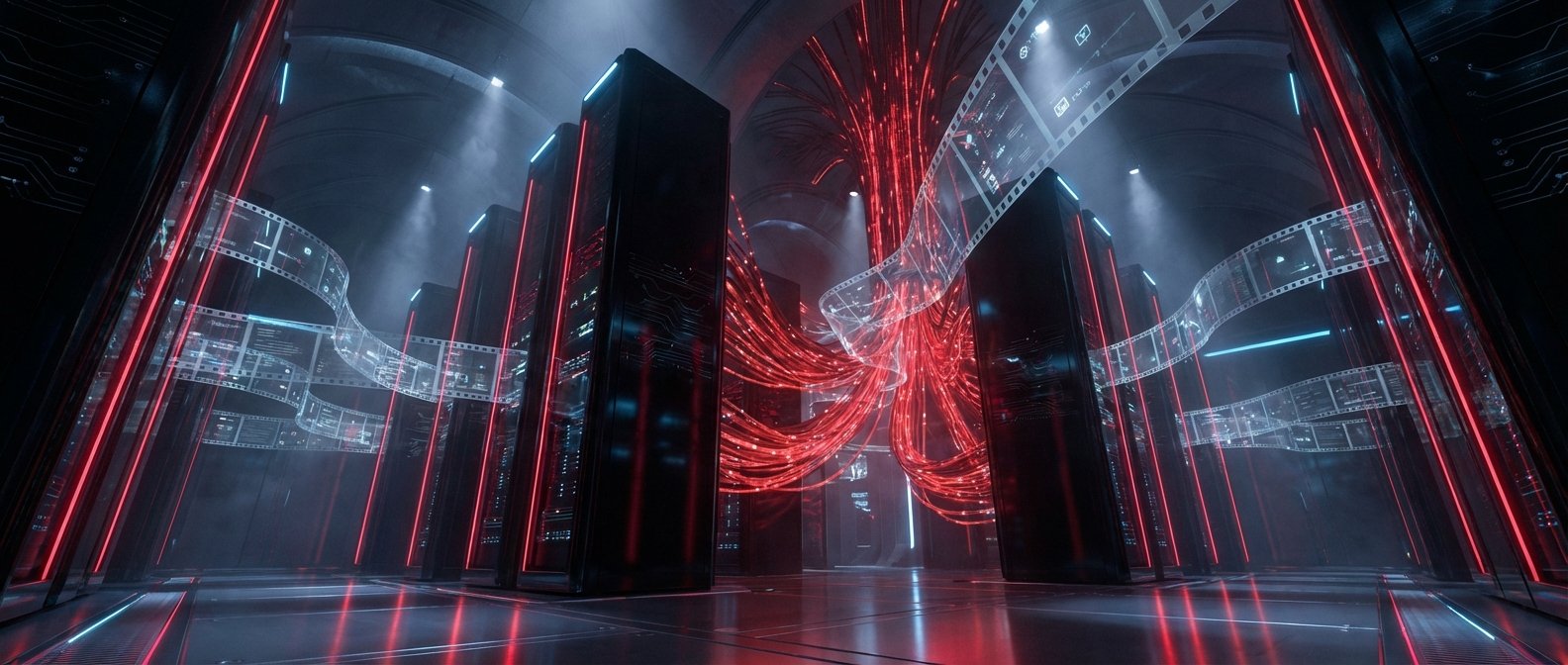 Interior de un centro de datos futurista con torres de servidores negras, iluminadas con luces de neón rojas y azules. Una red de cables de fibra óptica rojos brillantes se retuerce en el fondo, y cintas transparentes con datos digitales flotan entre los servidores. El suelo es reflectante y el ambiente es oscuro y tecnológico.