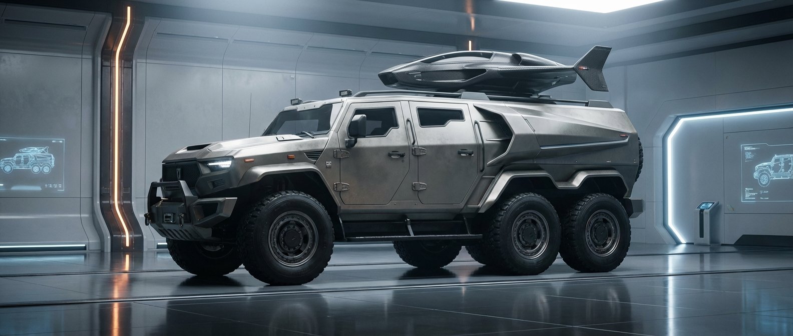 Un vehículo militar blindado 6x6 de color gris con un dron de diseño futurista en el techo, estacionado dentro de un hangar moderno con iluminación LED y esquemas de vehículos proyectados en las paredes.