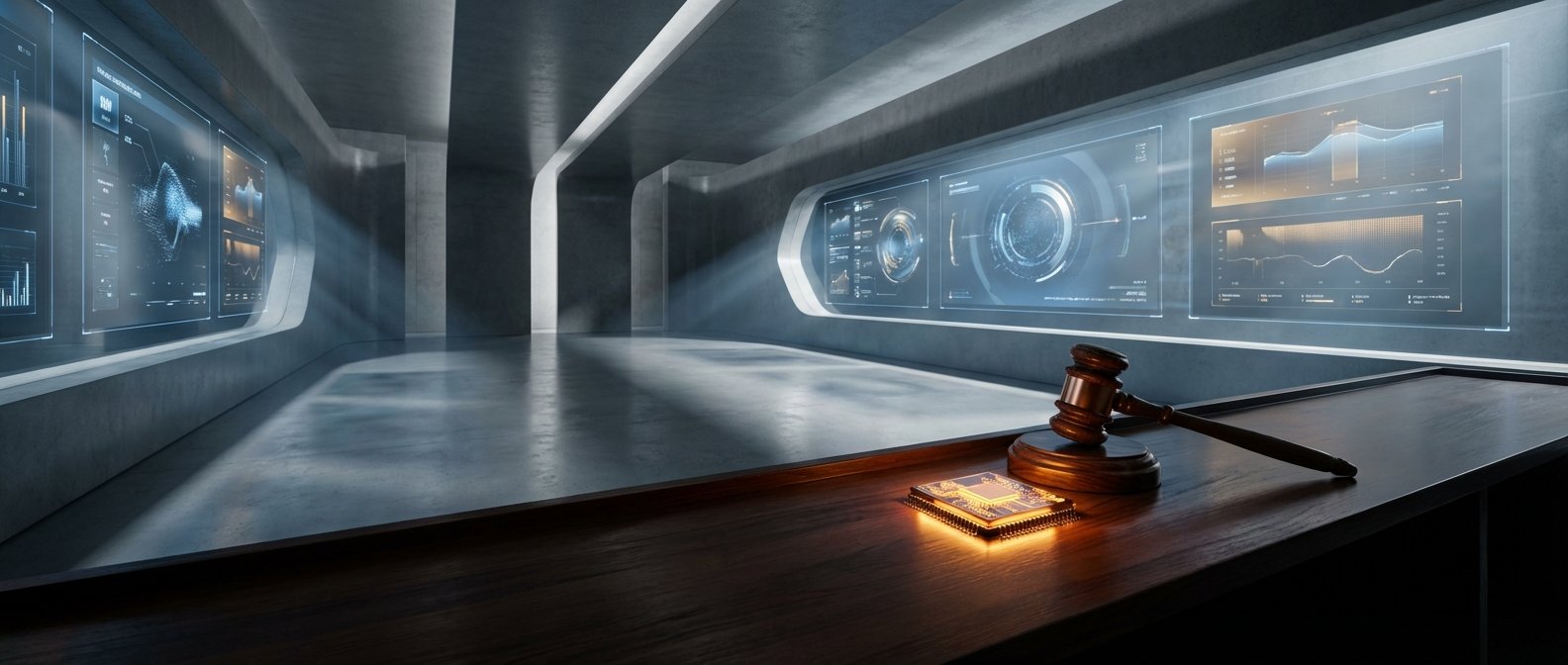 Una sala futurista de hormigón con grandes pantallas transparentes que muestran datos y gráficos. En primer plano, sobre un escritorio de madera, se ve un mazo de juez junto a un microchip luminoso.