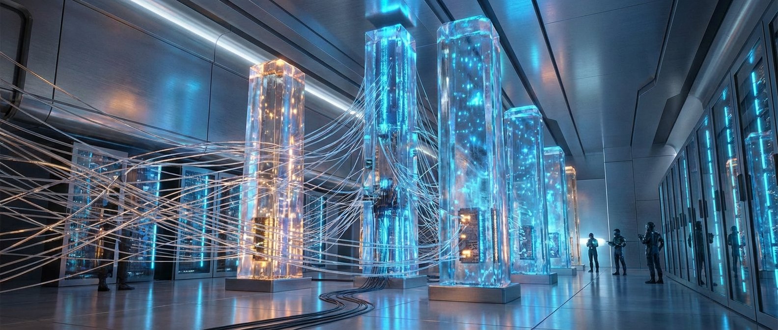 Una sala de servidores futurista con columnas de cristal que brillan en tonos azules y naranjas, llenas de circuitos y datos, conectadas por numerosos cables. Varias personas con uniformes tecnológicos observan los racks de servidores iluminados.
