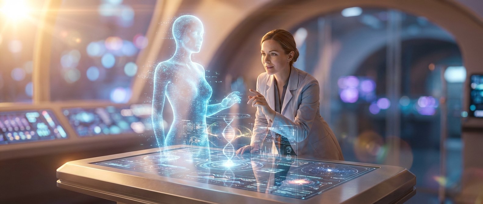 Una mujer científica interactúa con un holograma de un cuerpo humano en malla azul y estructuras de ADN en una mesa táctil con interfaz futurista, dentro de un laboratorio.