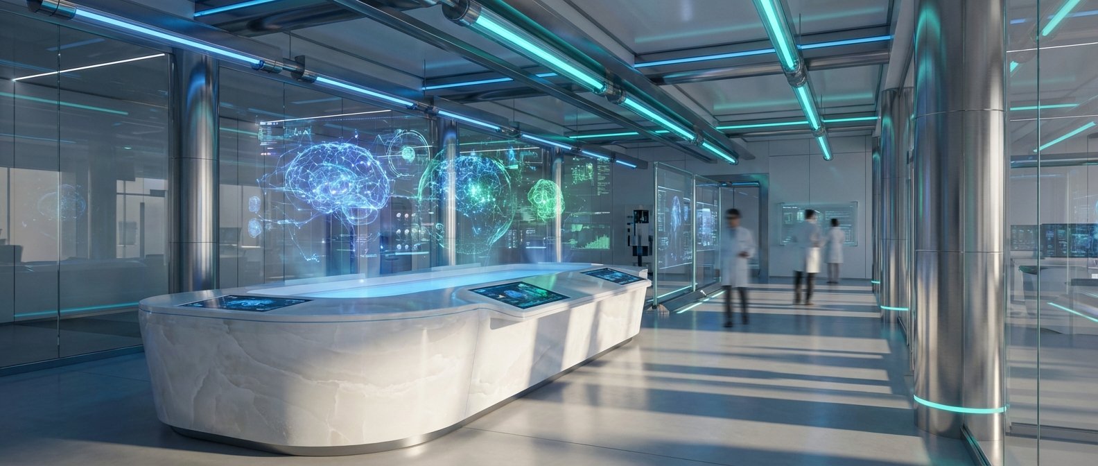 Laboratorio de investigación futurista con paredes de cristal que muestran proyecciones holográficas de cerebros humanos y datos científicos. En primer plano, una mesa de trabajo interactiva con pantallas integradas y, en el fondo, se observan científicos en batas de laboratorio.