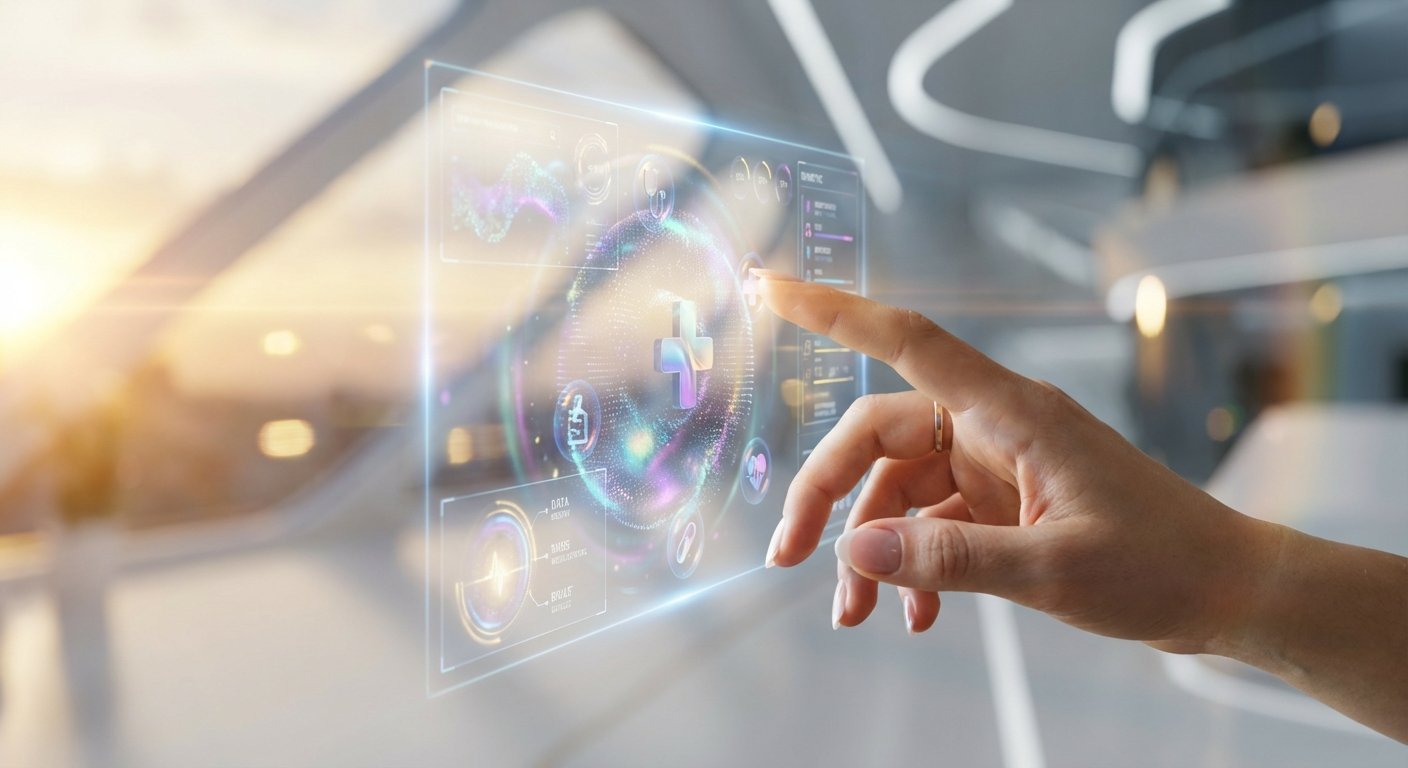 Mano tocando una interfaz médica holográfica futurista que muestra una cruz de salud y gráficos de datos sanitarios, con un fondo borroso de un espacio moderno y luminoso.