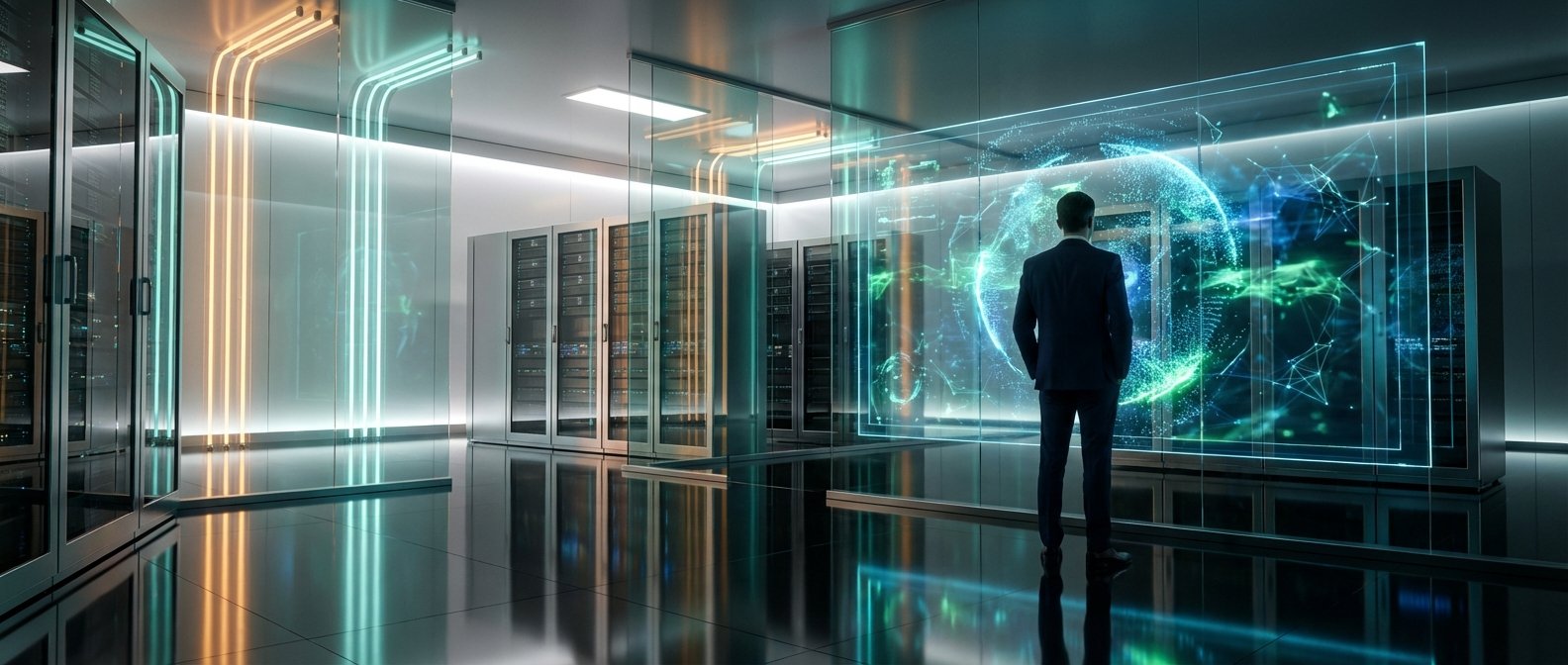 Hombre de traje de espaldas observando una visualización de datos global en una pantalla transparente dentro de un moderno centro de datos con filas de servidores y luces LED naranjas y cian.