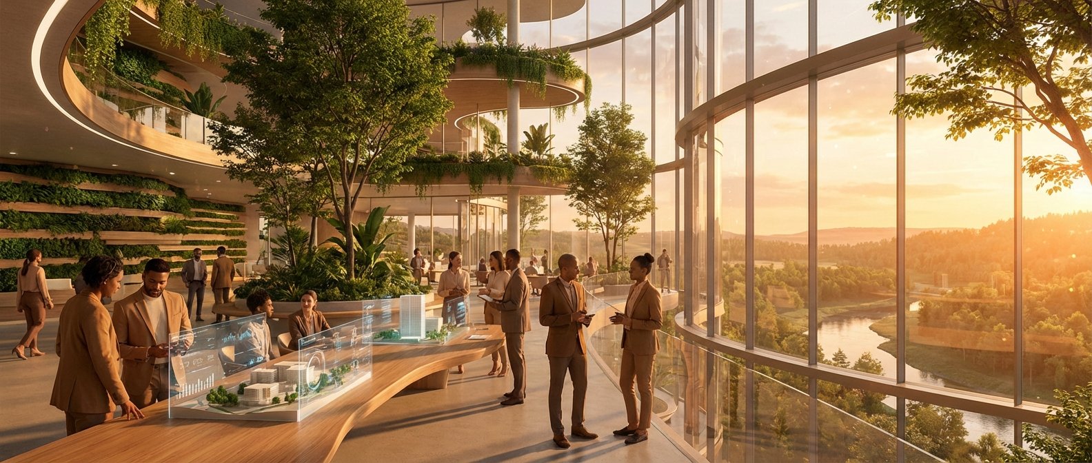 Interior de un edificio moderno con diseño biofílico, grandes ventanales con vistas panorámicas a un río y paisaje natural al atardecer, y personas interactuando alrededor de pantallas holográficas con proyectos arquitectónicos.