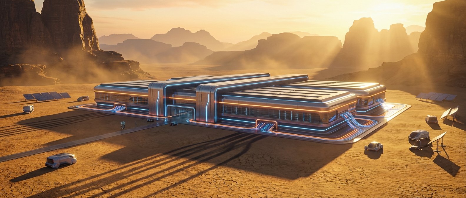 Edificio modular futurista con luces de neón azul y naranja en un paisaje desértico árido, rodeado de paneles solares y vehículos autónomos, bajo un atardecer con montañas rocosas.