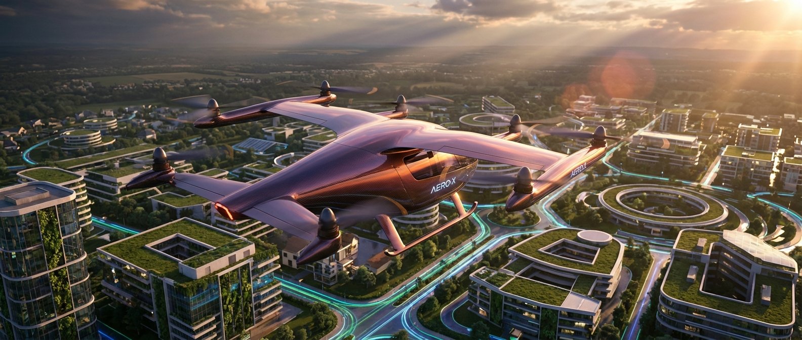 Aeronave futurista eVTOL AERO X de color cobre volando sobre una ciudad sostenible con edificios de techos verdes y jardines verticales. La ciudad tiene caminos iluminados con luz azul y un paisaje rural al fondo, con un atardecer cálido en el cielo.