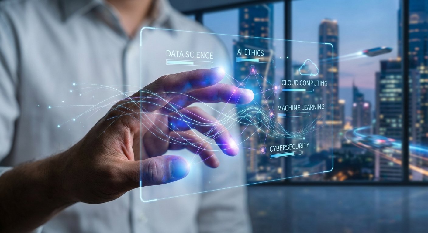 Una mano de una persona interactúa con una interfaz holográfica transparente que muestra conceptos tecnológicos como Data Science, AI Ethics, Cloud Computing, Machine Learning y Cybersecurity, con una ciudad futurista iluminada de fondo y vehículos voladores.