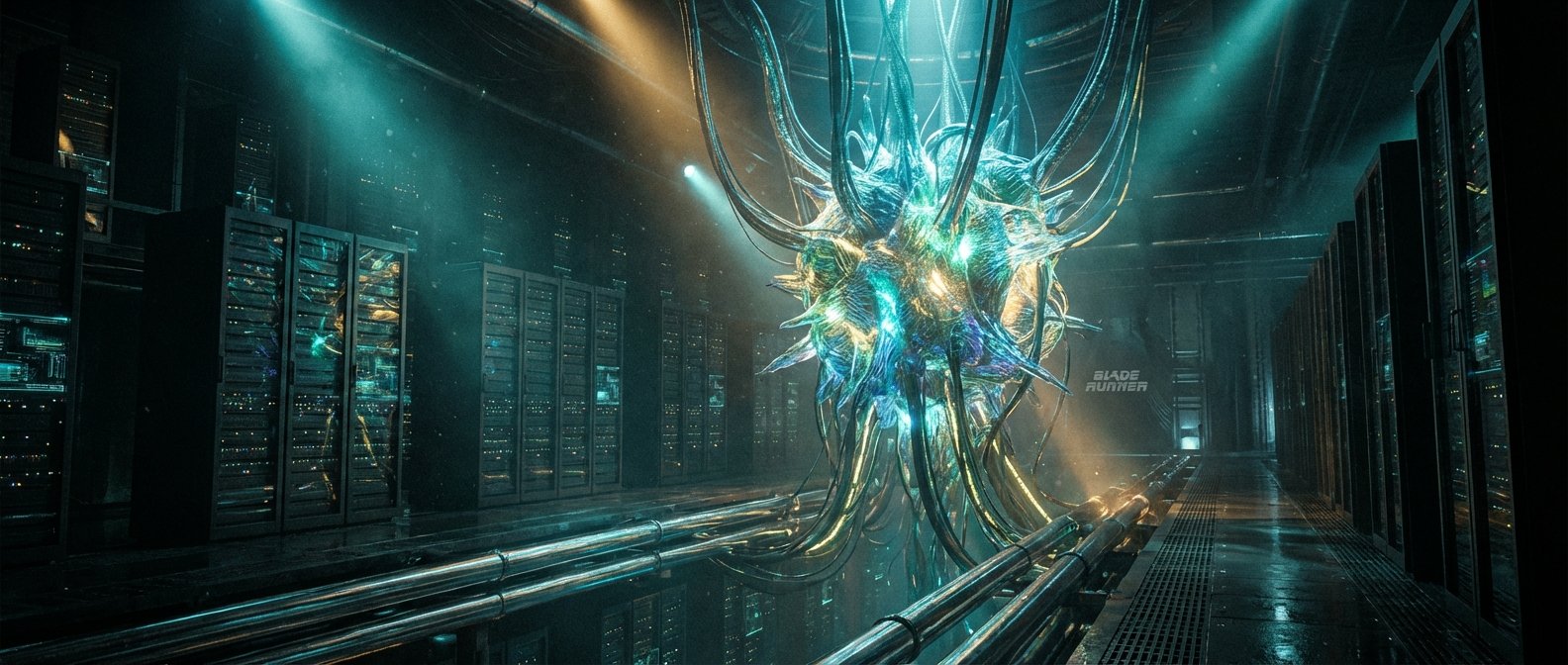 Sala de servidores oscura y futurista, con filas de racks iluminados en los laterales y una gran estructura central brillante, similar a un núcleo orgánico con cables y tentáculos que emiten luz azul, verde y dorada. El ambiente es brumoso, con haces de luz y reflejos en el suelo mojado, evocando un escenario de Blade Runner.