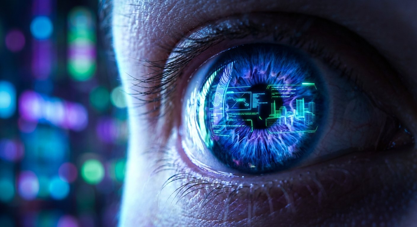 Primer plano de un ojo humano con un iris azul y violeta brillante. Dentro del ojo se muestra una interfaz holográfica con datos digitales y un modelo 3D de una ciudad. El fondo está desenfocado con luces de colores.