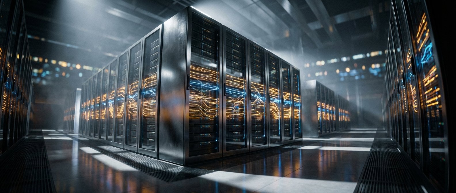Sala de servidores o centro de datos con múltiples filas de racks, cuyas puertas de cristal revelan luces internas azules y naranjas que simulan el flujo de datos. El ambiente es oscuro y tecnológico, con reflejos en el suelo pulido.
