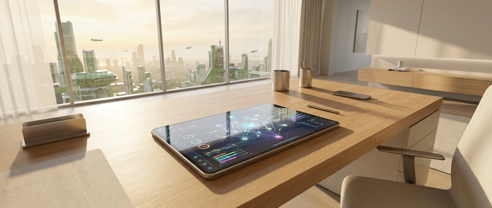 Escritorio de oficina de madera con una tablet mostrando una visualización de datos complejos, un lápiz óptico, un smartphone, dos portalápices y un organizador, frente a una gran ventana con vista a una ciudad futurista con edificios verdes y vehículos voladores. Se ve una silla de oficina y parte de una sala moderna al fondo.