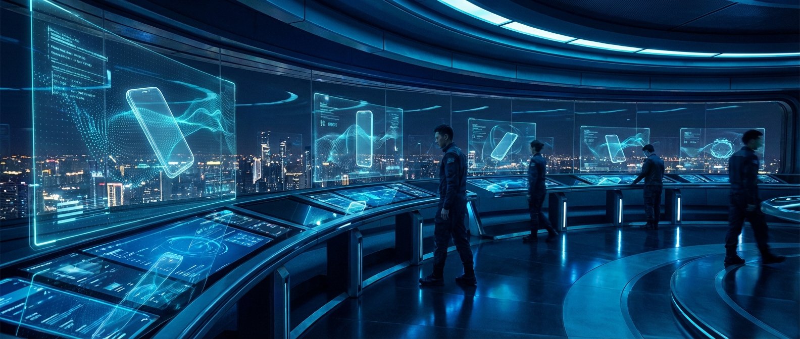 Personas en un laboratorio o centro de control futurista con iluminación azul, observando y operando pantallas holográficas transparentes que muestran diseños de smartphones, datos y gráficos. Al fondo, se aprecia la vista panorámica de una ciudad iluminada por la noche.