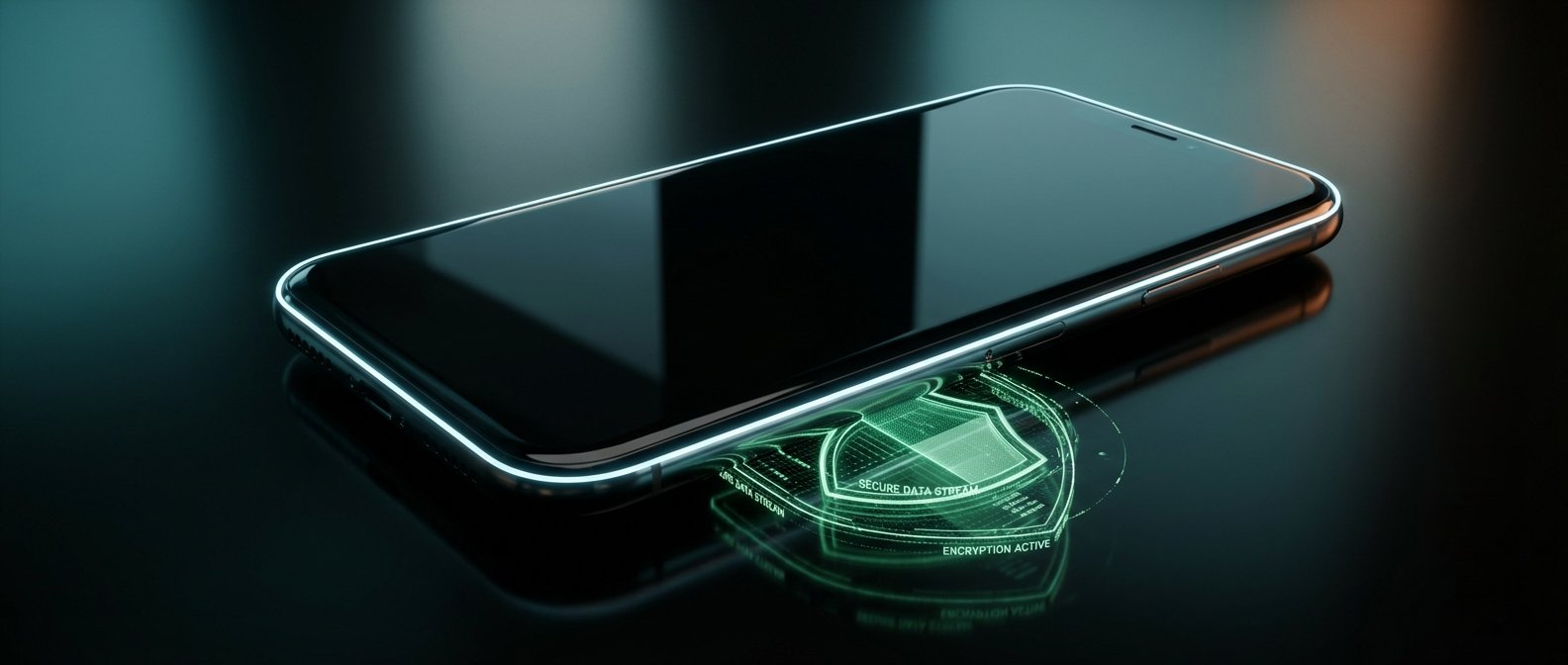 Un smartphone negro con un borde luminoso azul turquesa sobre una superficie oscura reflectante, proyectando un escudo de seguridad verde con las frases 'SECURE DATA STREAM' y 'ENCRYPTION ACTIVE'.