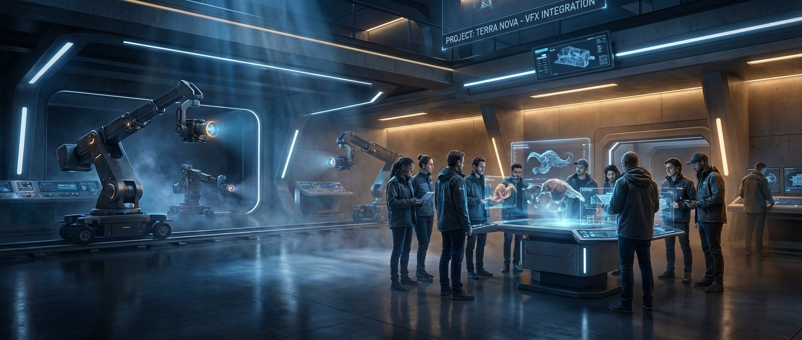 Un equipo de científicos e ingenieros colabora en un laboratorio futurista. Se muestran brazos robóticos con cámaras en rieles, mesas holográficas interactivas con proyecciones 3D y pantallas con información del 'PROYECTO: TERRA NOVA - VFX INTEGRATION'. El entorno está iluminado con luces LED azules y cálidas, creando una atmósfera de alta tecnología.