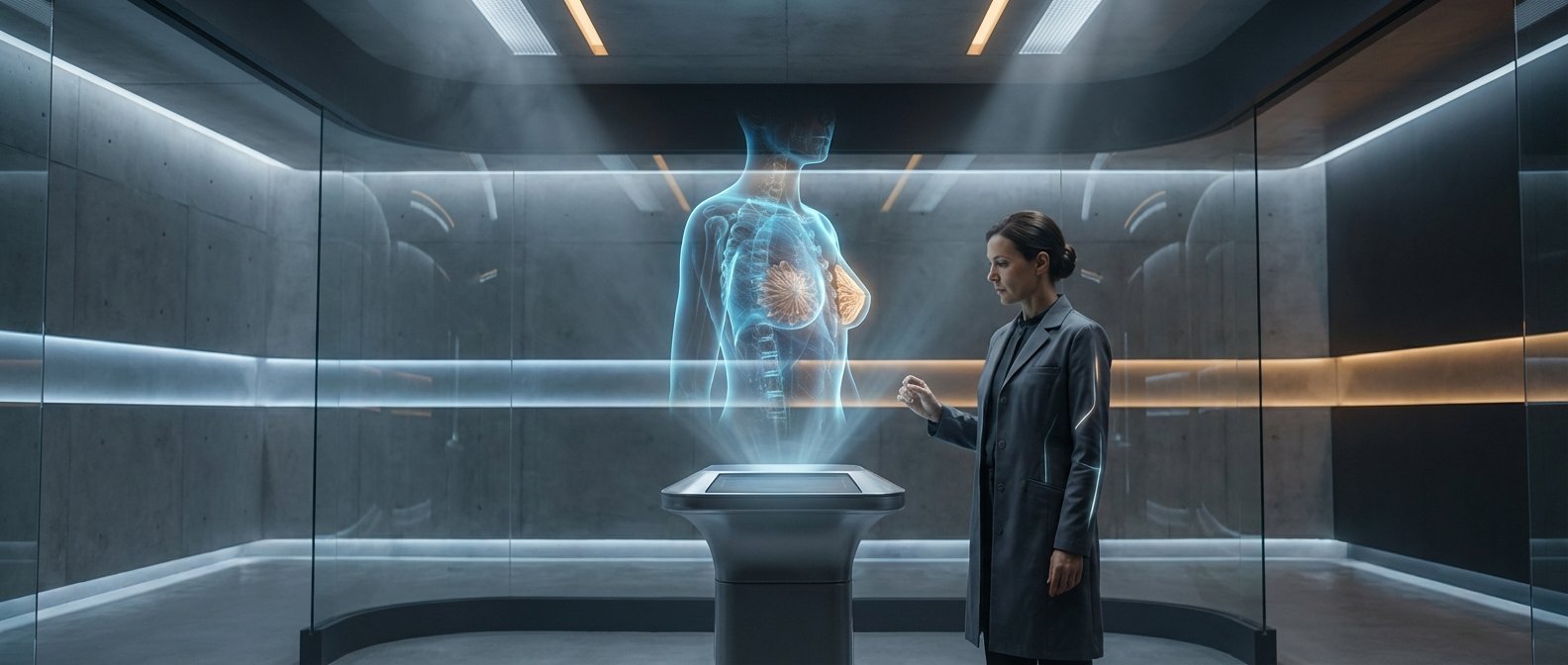 Una científica o médica en un laboratorio moderno interactúa con un holograma 3D de un torso humano que destaca la anatomía mamaria y la estructura ósea, en una sala con paneles de cristal e iluminación LED.