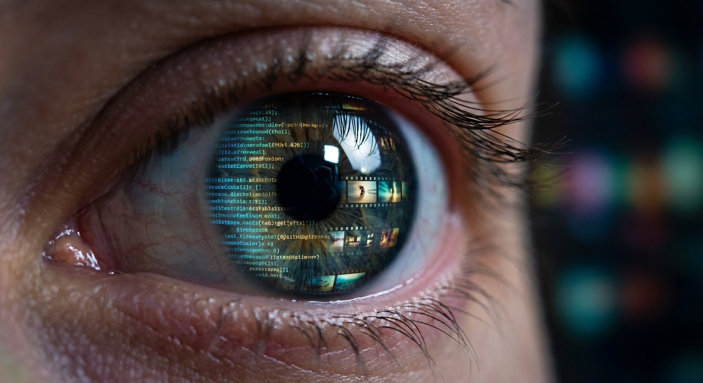 Primer plano de un ojo humano. El iris refleja líneas de código de programación en el lado izquierdo y una secuencia de miniaturas de videos en el lado derecho, sobre un fondo borroso de luces digitales de colores.