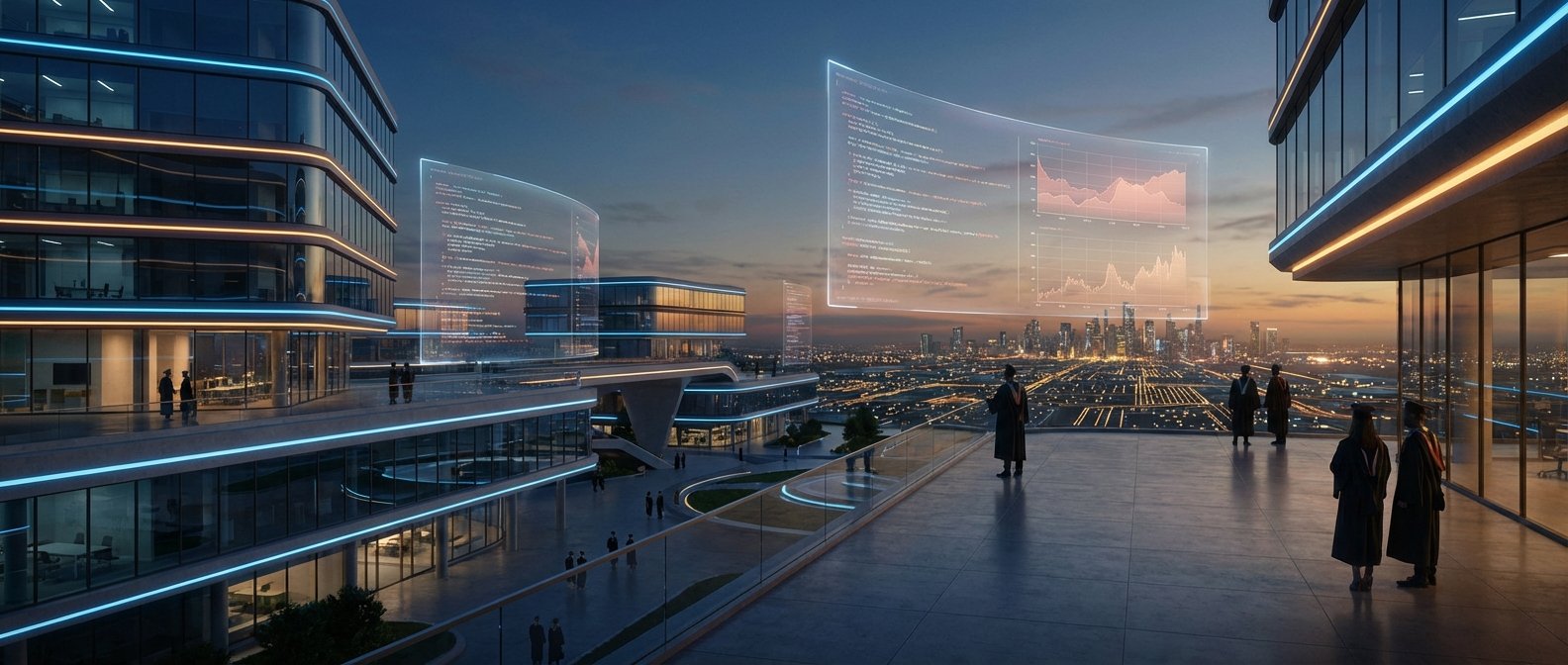 Una vista de una ciudad futurista al anochecer, mostrando edificios modernos de cristal con bandas de luz LED azules y naranjas. Grandes pantallas holográficas transparentes flotan en el aire, exhibiendo código de programación y gráficos de análisis de datos sobre el horizonte iluminado de la ciudad. Varias personas, algunas vestidas con togas de graduación, observan el paisaje desde las azoteas y pasarelas.