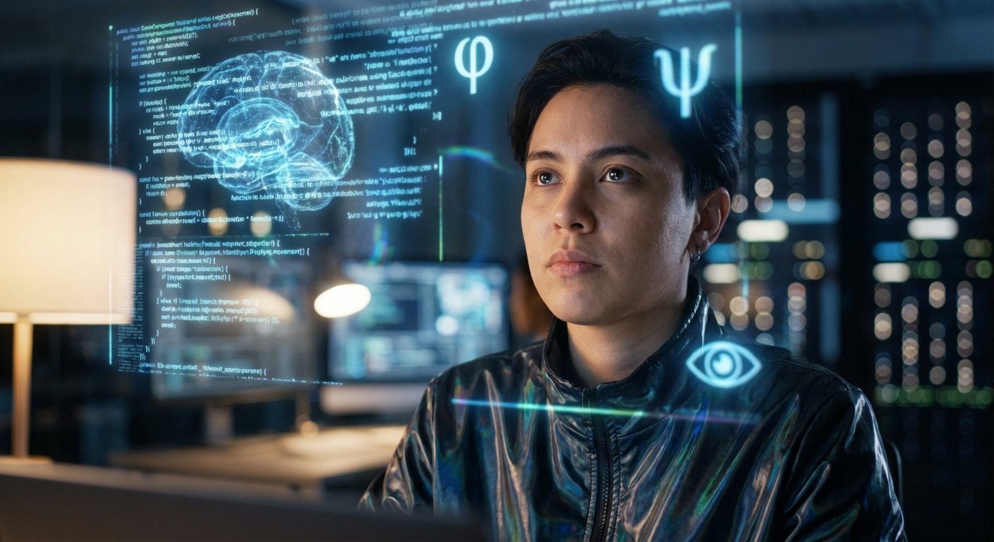 Persona joven mira una pantalla holográfica interactiva que muestra código de programación, un cerebro digital brillante, símbolos matemáticos como Phi y Psi, y un icono de ojo.