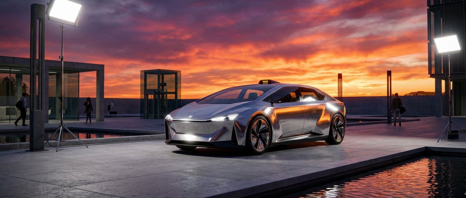 Coche plateado de diseño futurista con un cartel de 'TAXI' en el techo, estacionado en una plaza moderna con edificios de hormigón y estanques de agua reflectantes. El cielo presenta colores vibrantes de naranja y rojo de un atardecer, y hay paneles de iluminación profesional a ambos lados del vehículo.