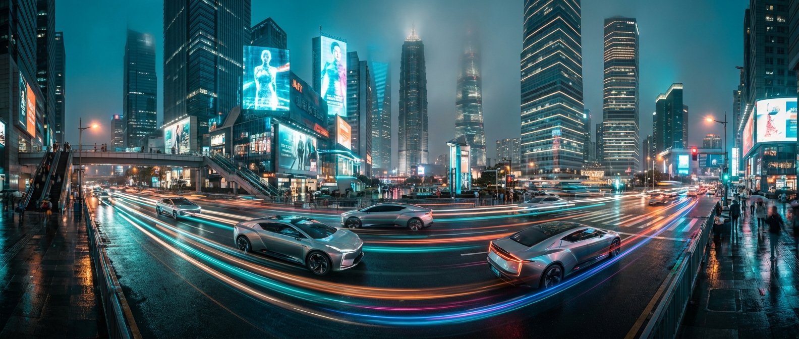 Imagen panorámica nocturna de una ciudad futurista con rascacielos iluminados. Las calles mojadas reflejan luces de neón vibrantes de edificios y coches que dejan estelas de luz de colores. Se aprecian puentes peatonales con gente y grandes pantallas publicitarias en los edificios.