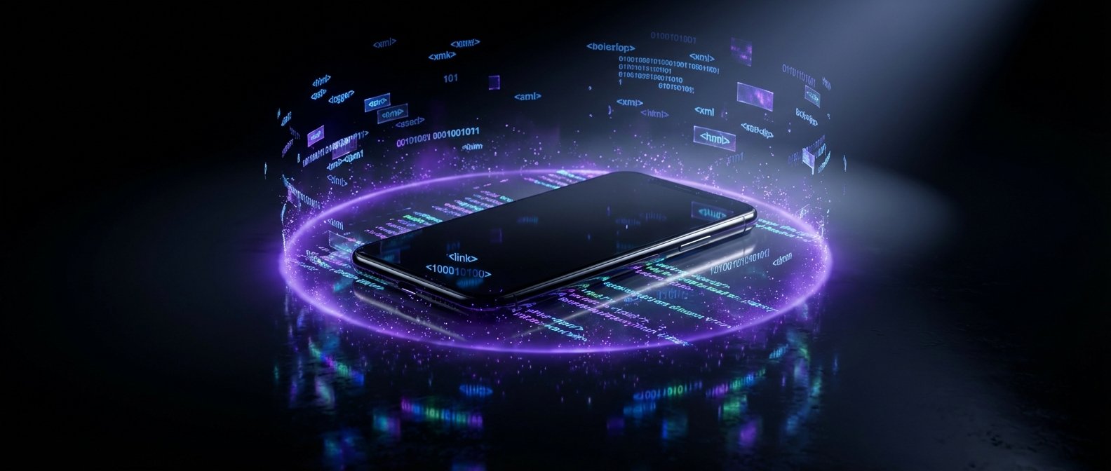 Un smartphone negro sobre una superficie reflectante oscura, rodeado por un anillo de luz púrpura brillante. Fragmentos de código digital, números binarios y etiquetas flotan alrededor y por encima del teléfono, creando un ambiente tecnológico.