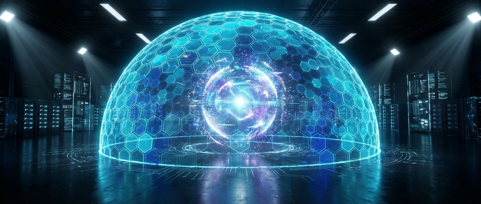 Un centro de datos futurista con racks de servidores a los lados y un gran escudo de energía hexagonal azul en el centro, que envuelve un orbe brillante de datos o energía sobre un suelo con circuitos luminosos.