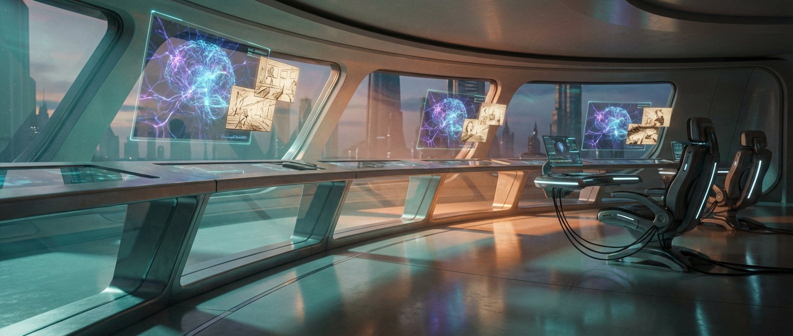 Interior de una sala de control o laboratorio futurista con grandes ventanas panorámicas, displays holográficos transparentes mostrando una red neuronal cerebral activa y bocetos antiguos, una larga consola con pantallas interactivas y sillas ergonómicas de alta tecnología con cables, todo con vista a una ciudad moderna al atardecer o amanecer.