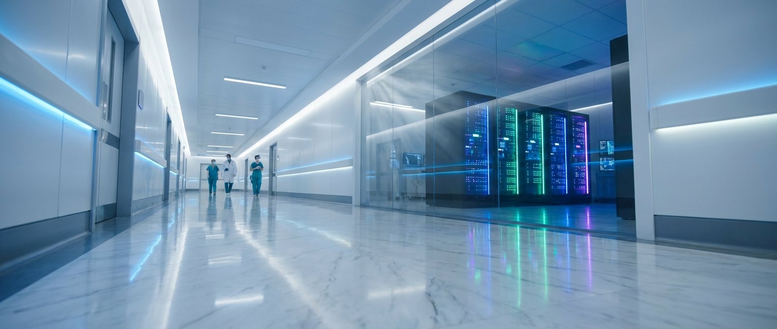 Pasillo moderno de un hospital o centro tecnológico, con profesionales médicos caminando y una sala de servidores visible a través de una pared de cristal, mostrando racks iluminados en colores. El suelo de mármol es reflectante.