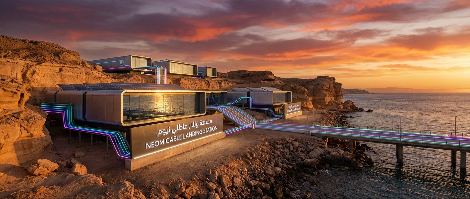 Edificios modulares futuristas de la Estación de Aterrizaje de Cables NEOM en una costa rocosa al atardecer. Las estructuras de color gris claro tienen grandes ventanales que reflejan el mar y el cielo anaranjado. Luces de neón coloridas (magenta, azul, verde) decoran los edificios y un puente sobre el agua. El paisaje incluye acantilados desérticos y un cielo dramático con nubes rojizas.