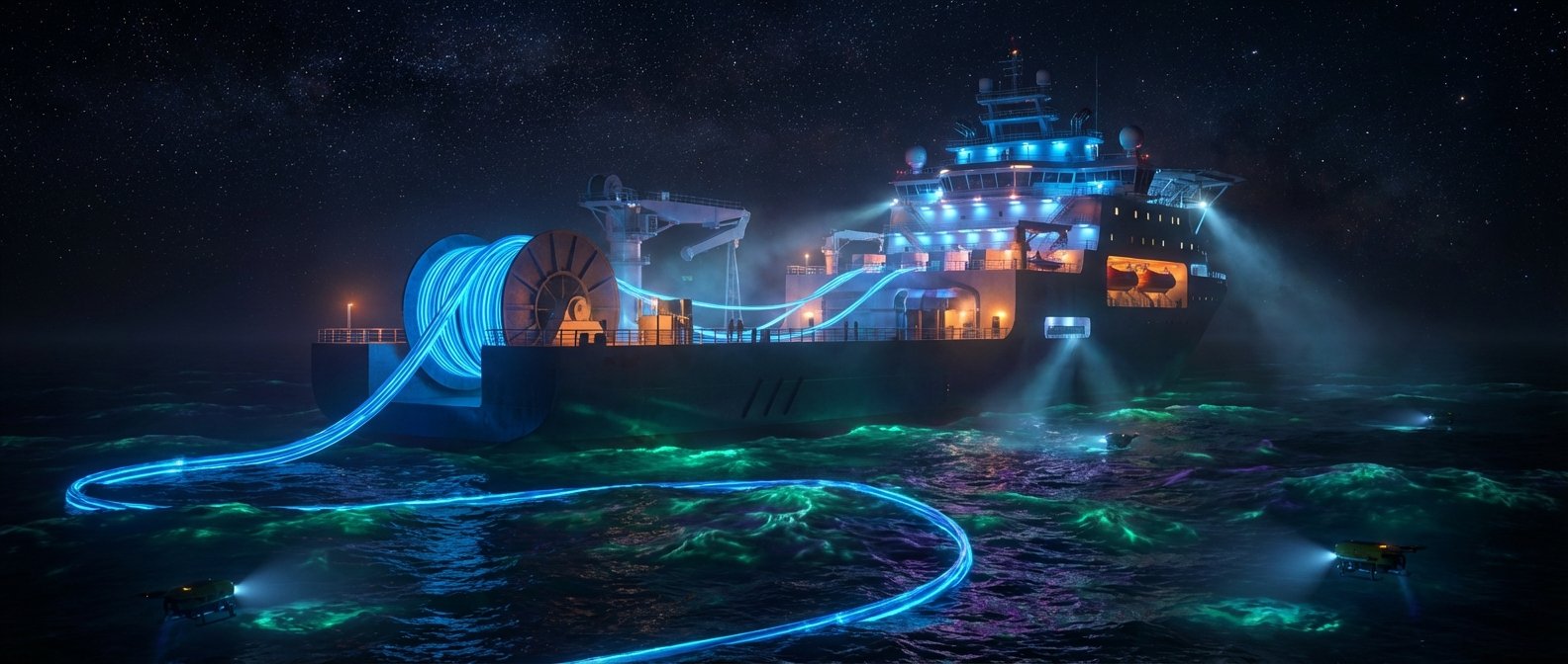Un barco de noche, brillantemente iluminado con luces azules, despliega un cable luminoso azul desde un gran carrete en su cubierta hacia un océano oscuro y ondulado con destellos verdes. En el agua, vehículos submarinos autónomos iluminados guían el cable bajo un cielo estrellado.