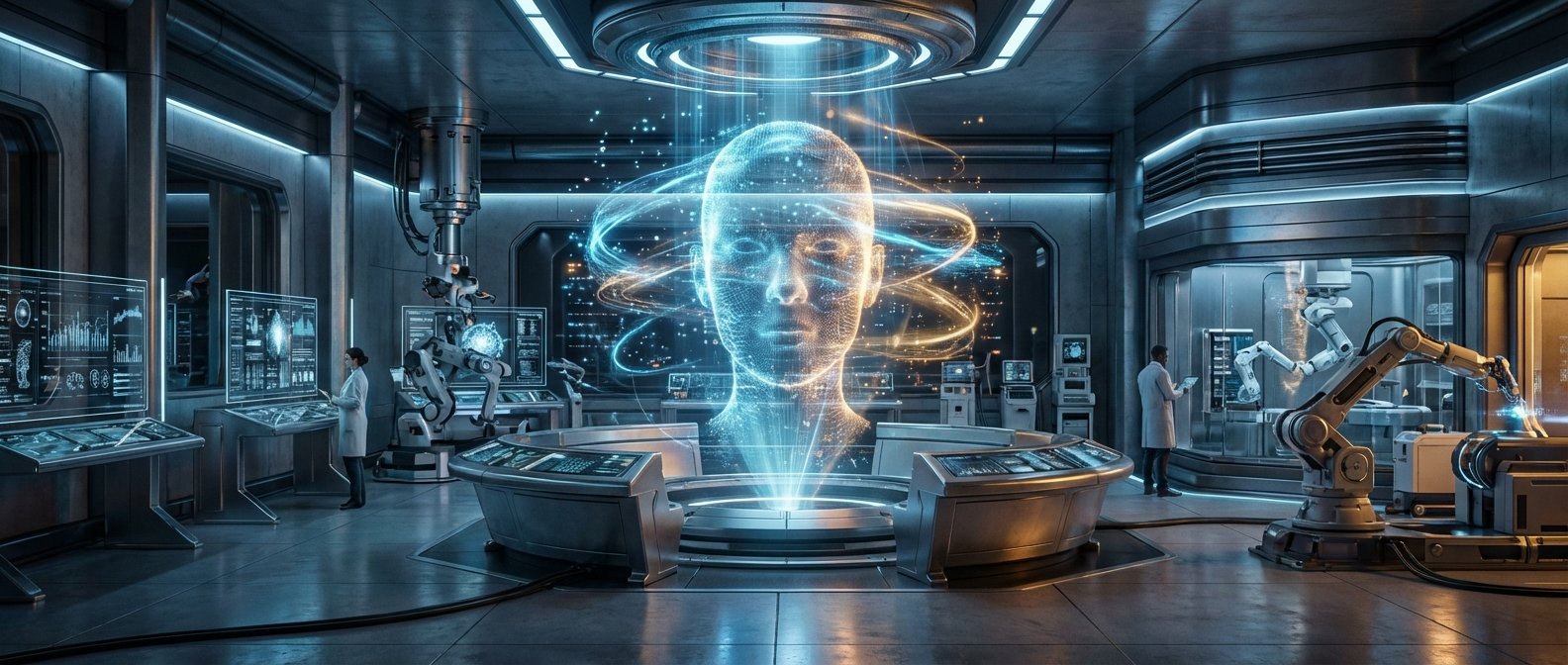 Laboratorio futurista de alta tecnología con una proyección holográfica de una cabeza humana en el centro. Dos científicos en batas blancas trabajan con pantallas táctiles transparentes y brazos robóticos. El laboratorio está equipado con monitores que muestran datos complejos, tiene un diseño moderno con luces azules y metálicas.