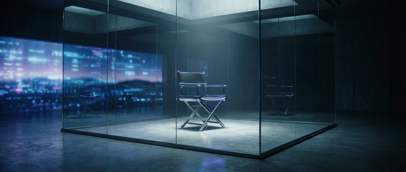 Una silla de director solitaria dentro de un cubo de cristal transparente, iluminada desde arriba, con un fondo borroso de ciudad nocturna azul y púrpura visible a través del cristal.