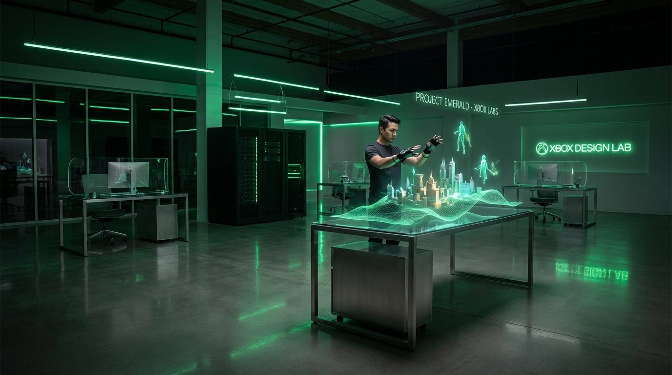 Un hombre en un laboratorio moderno interactúa con una proyección holográfica de una ciudad en una mesa de cristal, usando guantes especiales. El laboratorio está iluminado con luces verdes y presenta estantes de servidores, otras estaciones de trabajo y señales de neón que dicen 'XBOX DESIGN LAB' y 'PROJECT EMERALD - XBOX LABS'.