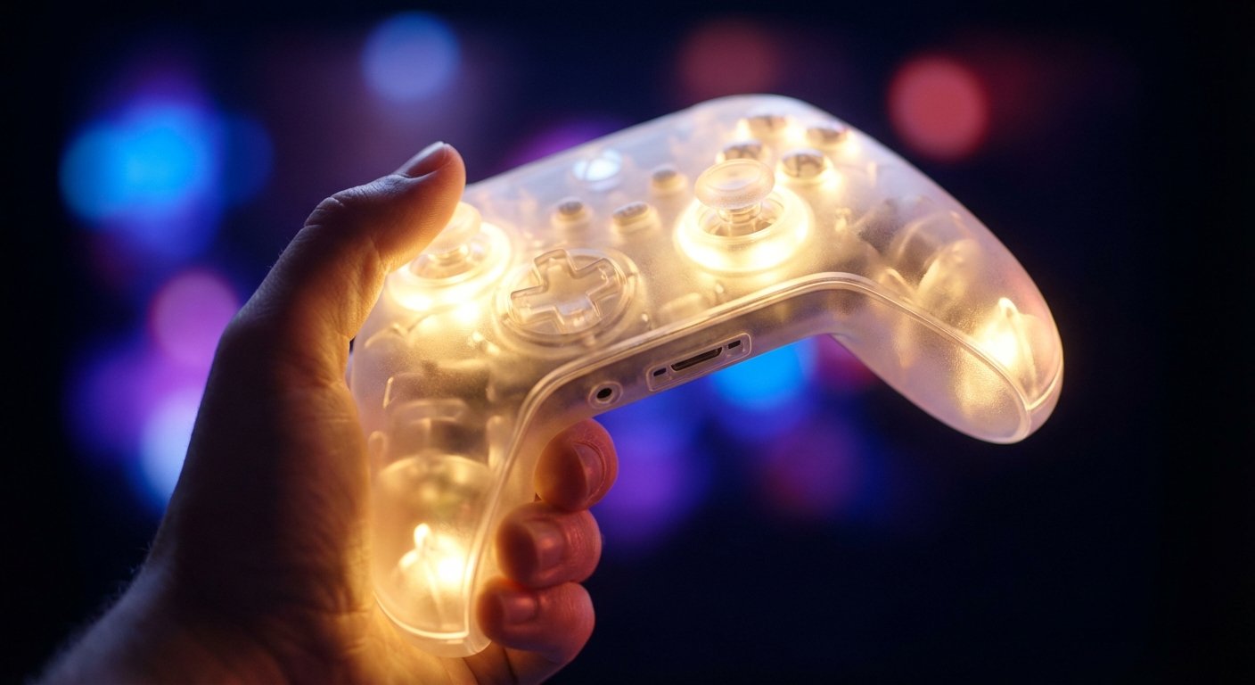 Una mano sostiene un mando de videojuego transparente que emite luz amarilla. El fondo está oscuro con luces bokeh de colores.} {