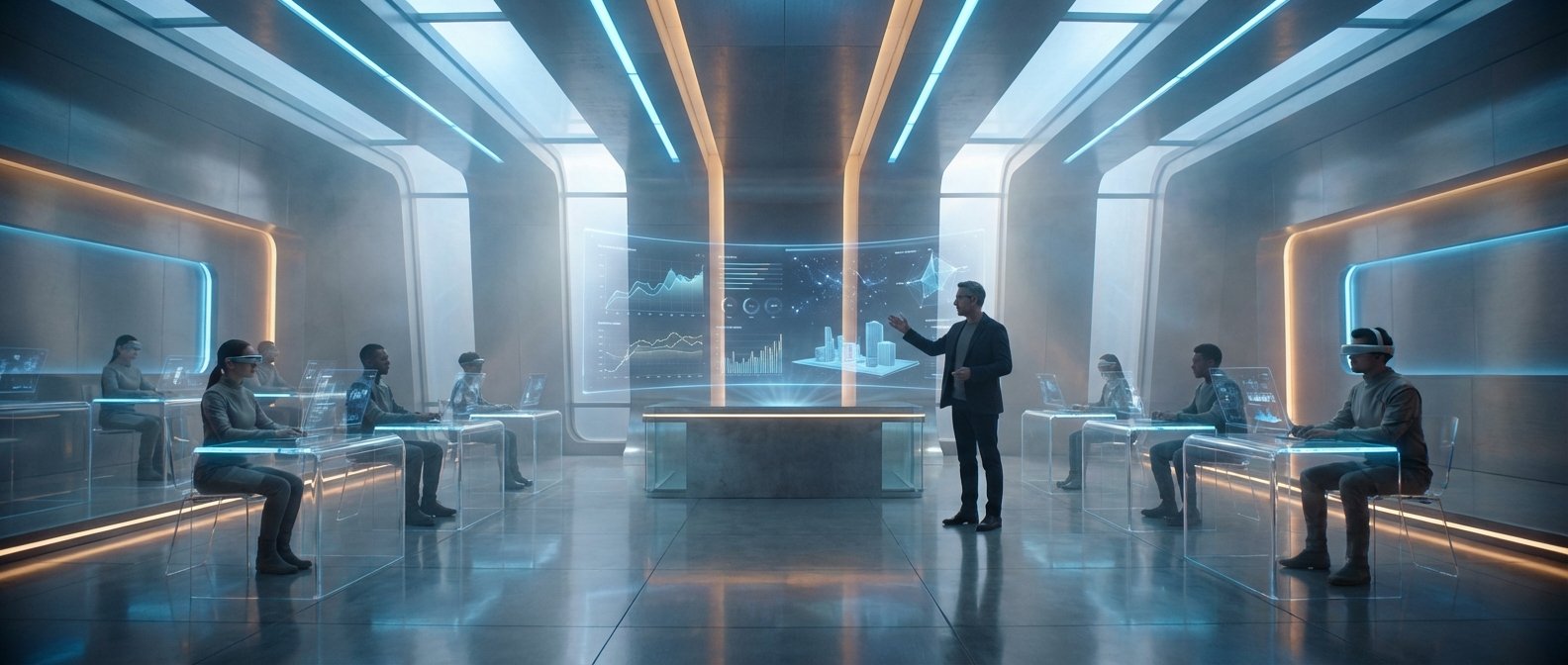 Un hombre presenta datos y gráficos holográficos en una sala futurista, mientras varias personas sentadas usan gafas de realidad virtual interactuando con pantallas transparentes.