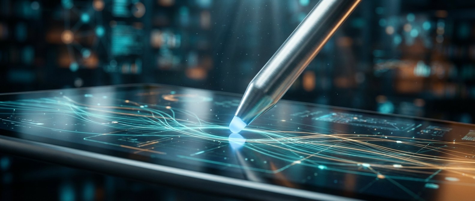 Un stylus metálico con la punta brillante de color azul toca la pantalla de una tablet. La pantalla muestra un entramado de líneas luminosas que se curvan y conectan puntos, en tonos azules y dorados, representando flujo de datos o una red digital. El fondo está desenfocado con luces tecnológicas.
