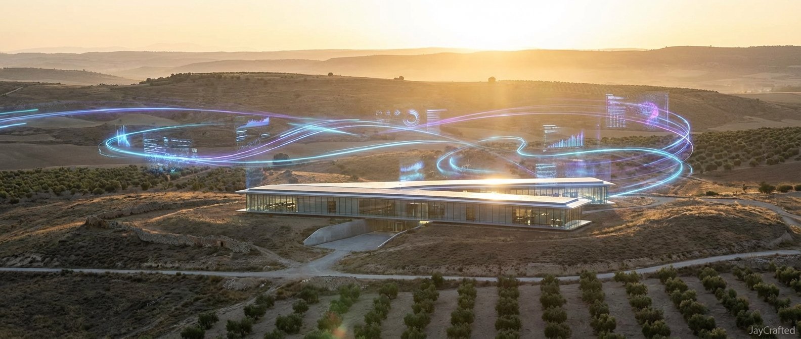 Edificio moderno con ventanales en un paisaje rural montañoso con campos de olivos, iluminado por el sol al amanecer o atardecer. Flujos de luz y hologramas de datos digitales con gráficos y una silueta de cerebro flotan sobre el paisaje.
