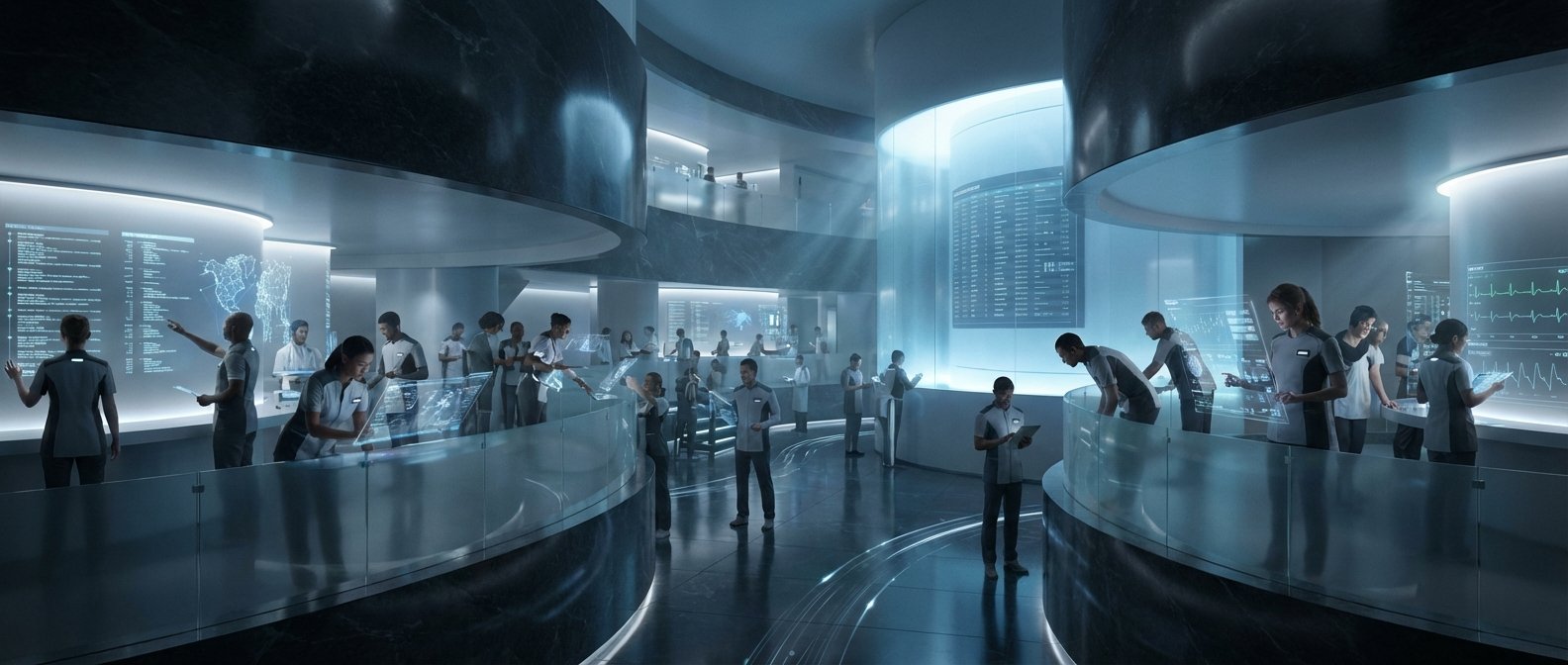 Un centro de control futurista y multilivel con personal uniformado interactuando con grandes pantallas holográficas y transparentes que muestran datos, mapas mundiales y gráficos médicos.
