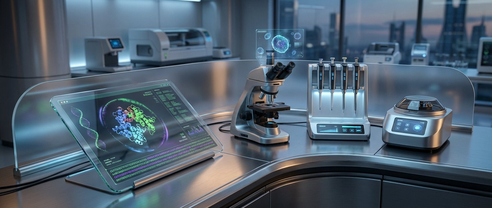 Un laboratorio científico moderno y de alta tecnología con equipos futuristas, incluyendo un tablet transparente mostrando ADN y proteínas, un microscopio con proyección de células, pipetas electrónicas y una centrífuga, con un paisaje urbano de fondo.