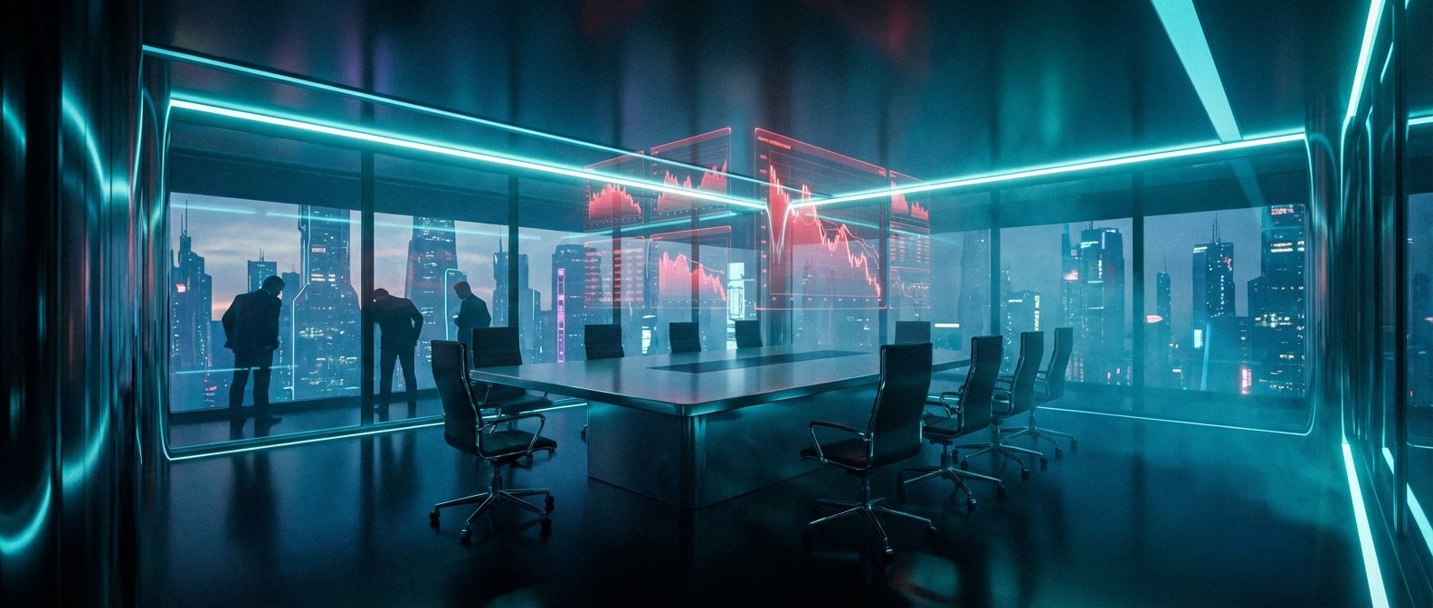 Una sala de reuniones futurista con grandes ventanales que muestran una ciudad nocturna. Hay una mesa larga con sillas y pantallas holográficas que exhiben gráficos financieros rojos en descenso. Dos hombres de negocios miran por la ventana.