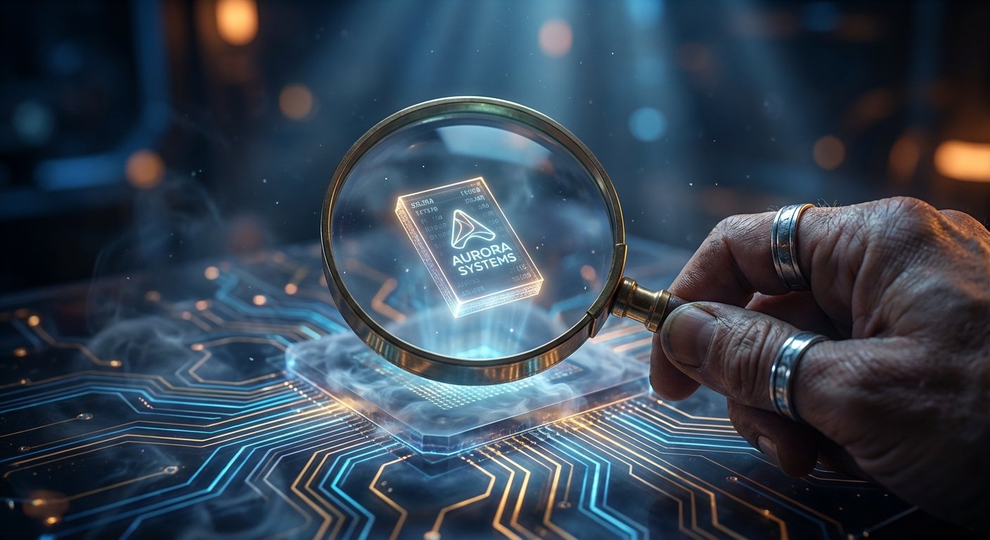 Una mano con anillos sostiene una lupa sobre una placa de circuito impreso. A través de la lupa se observa un chip virtual brillante con el logo y el texto 