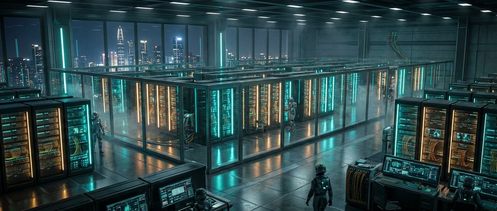 Centro de datos futurista con hileras de armarios de servidores que emiten luces cian y naranja, algunos dentro de cubículos de vidrio. Varias figuras humanoides con trajes tecnológicos están presentes, operando equipos y monitoreando consolas. Grandes ventanales en el fondo muestran un paisaje urbano nocturno con edificios altos iluminados.